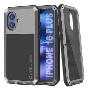 Coque en métal pour iPhone 16 Plus, coque blindée de qualité militaire très résistante [résistante aux chocs] Coque intégrale rigide [argent]