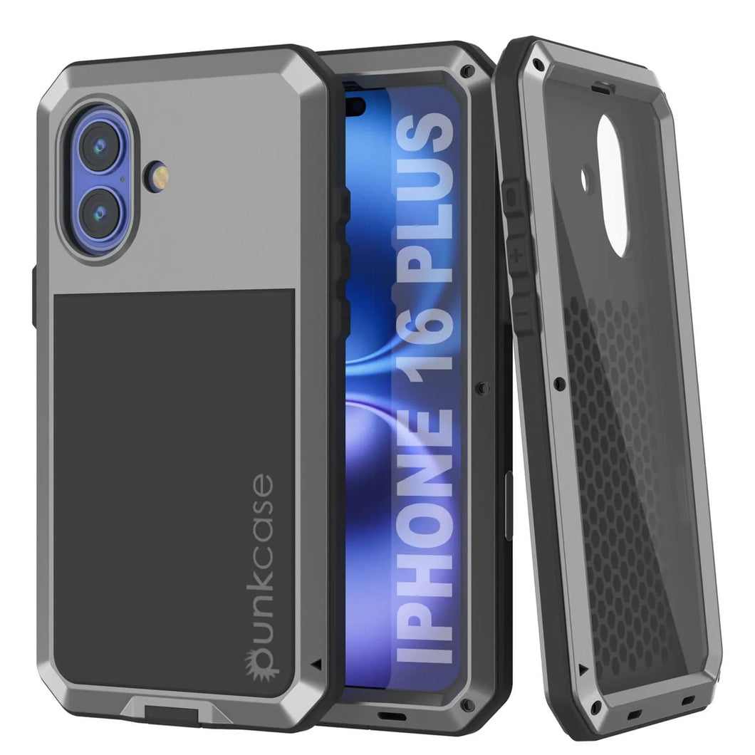 Coque en métal pour iPhone 16 Plus, coque blindée de qualité militaire très résistante [résistante aux chocs] Coque intégrale rigide [argent]