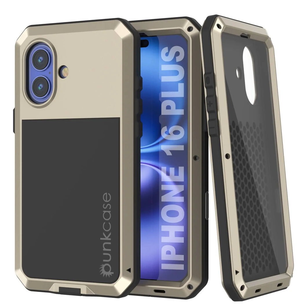 Coque en métal pour iPhone 16 Plus, coque blindée de qualité militaire très résistante [résistante aux chocs] Coque intégrale rigide [dorée]