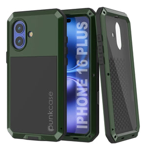 Coque en métal pour iPhone 16 Plus, coque blindée de qualité militaire très résistante [résistante aux chocs], coque intégrale rigide [vert foncé]