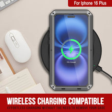 Charger l&#39;image dans la galerie, Coque en métal pour iPhone 16 Plus, coque blindée de qualité militaire très résistante [résistante aux chocs] Coque intégrale rigide [argent]
