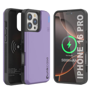 Coque de batterie pour iPhone 16 Pro, PunkJuice 5000mAH Chargeur rapide MagSafe Power Bank avec protecteur d'écran | [Violet]