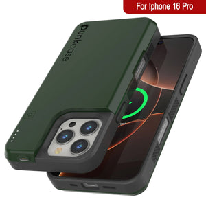 Coque de batterie pour iPhone 16 Pro, PunkJuice 5000mAH Chargeur rapide MagSafe Power Bank avec protecteur d'écran | [Vert]