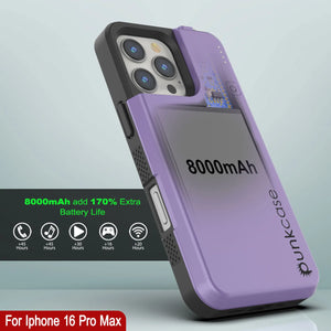 Coque de batterie pour iPhone 16 Pro Max, PunkJuice 8000mAH Chargeur rapide MagSafe Power Bank avec protecteur d'écran | [Violet]