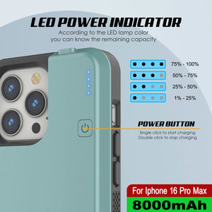 Coque de batterie pour iPhone 16 Pro Max, PunkJuice 8000mAH Chargeur rapide MagSafe Power Bank avec protecteur d'écran | [Teal]