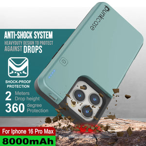 Coque de batterie pour iPhone 16 Pro Max, PunkJuice 8000mAH Chargeur rapide MagSafe Power Bank avec protecteur d'écran | [Teal]