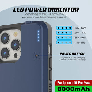 Coque de batterie pour iPhone 16 Pro Max, PunkJuice 8000mAH Chargeur rapide MagSafe Power Bank avec protecteur d'écran | [Bleu marine]