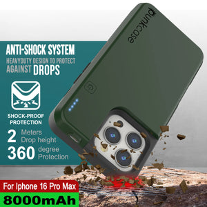 Coque de batterie pour iPhone 16 Pro Max, PunkJuice 8000mAH Chargeur rapide MagSafe Power Bank avec protecteur d'écran | [Vert]