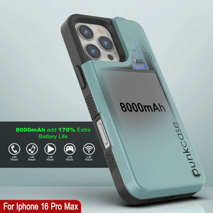 Coque de batterie pour iPhone 16 Pro Max, PunkJuice 8000mAH Chargeur rapide MagSafe Power Bank avec protecteur d'écran | [Teal]