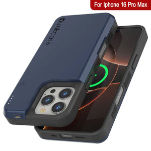 Coque de batterie pour iPhone 16 Pro Max, PunkJuice 8000mAH Chargeur rapide MagSafe Power Bank avec protecteur d'écran | [Bleu marine]