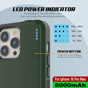 Coque de batterie pour iPhone 16 Pro Max, PunkJuice 8000mAH Chargeur rapide MagSafe Power Bank avec protecteur d'écran | [Vert]