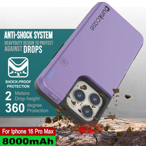 Coque de batterie pour iPhone 16 Pro Max, PunkJuice 8000mAH Chargeur rapide MagSafe Power Bank avec protecteur d'écran | [Violet]