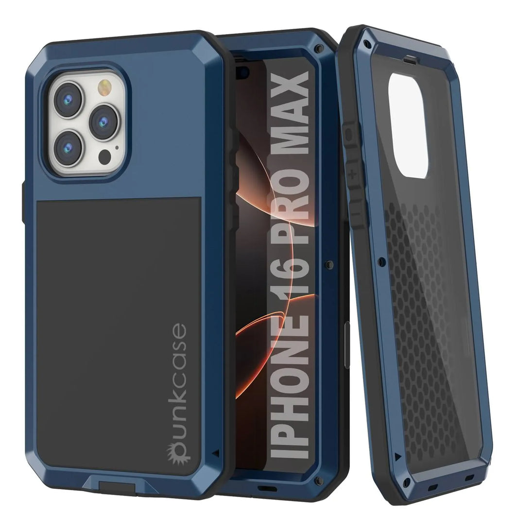 Coque en métal pour iPhone 16 Pro Max, coque blindée de qualité militaire très résistante [résistante aux chocs] Coque intégrale rigide [Bleu]