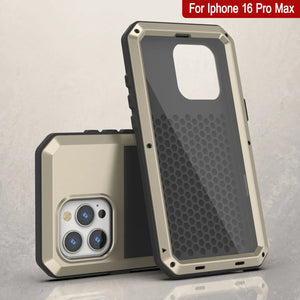 Coque en métal pour iPhone 16 Pro Max, coque blindée de qualité militaire très résistante [résistante aux chocs] Coque intégrale rigide [dorée]