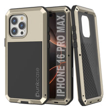 Load image into Gallery viewer, Coque en métal pour iPhone 16 Pro Max, coque blindée de qualité militaire très résistante [résistante aux chocs] Coque intégrale rigide [dorée]
