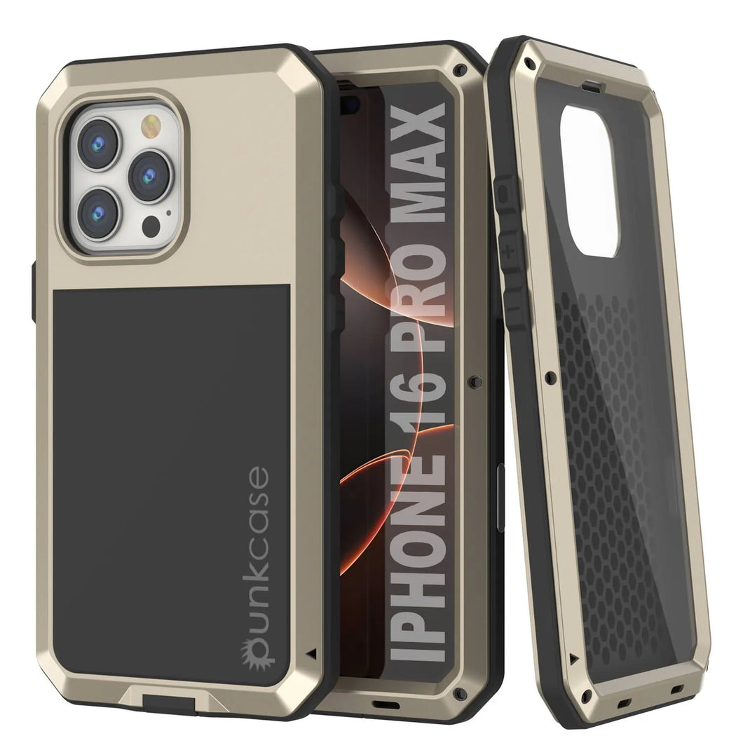 Coque en métal pour iPhone 16 Pro Max, coque blindée de qualité militaire très résistante [résistante aux chocs] Coque intégrale rigide [dorée]