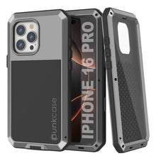 Charger l&#39;image dans la galerie, Coque en métal pour iPhone 16 Pro, coque blindée de qualité militaire robuste [résistante aux chocs] Coque intégrale rigide [argent]
