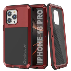 Coque en métal pour iPhone 16 Pro, coque blindée de qualité militaire très résistante [résistante aux chocs], coque rigide intégrale [rouge]