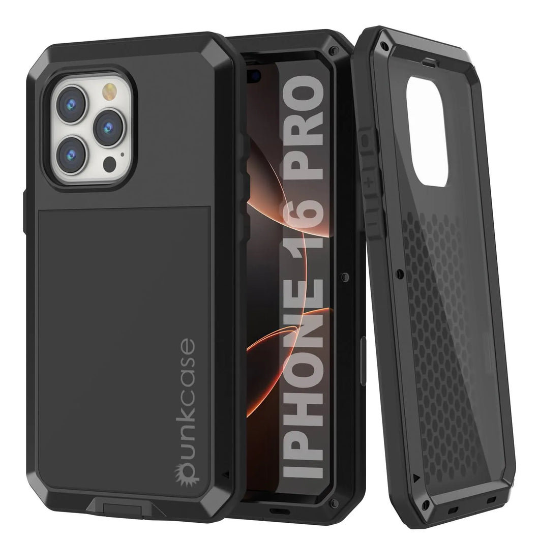 Coque en métal pour iPhone 16 Pro, coque blindée de qualité militaire robuste [résistante aux chocs] Coque intégrale rigide [Noir]