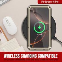 Charger l&#39;image dans la galerie, Coque en métal pour iPhone 16 Pro, coque blindée de qualité militaire très résistante [résistante aux chocs] Coque intégrale rigide [dorée]
