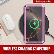 Charger l&#39;image dans la galerie, Coque en métal pour iPhone 16 Pro, coque blindée de qualité militaire robuste [résistante aux chocs] Coque intégrale rigide [Rose]
