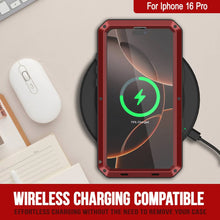 Charger l&#39;image dans la galerie, Coque en métal pour iPhone 16 Pro, coque blindée de qualité militaire très résistante [résistante aux chocs], coque rigide intégrale [rouge]
