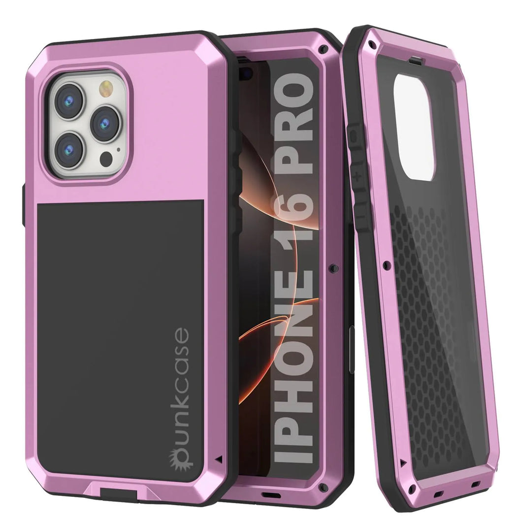 Coque en métal pour iPhone 16 Pro, coque blindée de qualité militaire robuste [résistante aux chocs] Coque intégrale rigide [Rose]