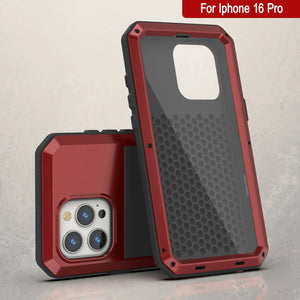 Coque en métal pour iPhone 16 Pro, coque blindée de qualité militaire très résistante [résistante aux chocs], coque rigide intégrale [rouge]