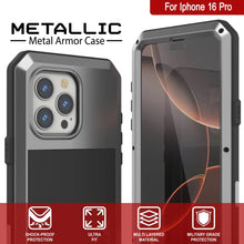 Charger l&#39;image dans la galerie, Coque en métal pour iPhone 16 Pro, coque blindée de qualité militaire robuste [résistante aux chocs] Coque intégrale rigide [argent]
