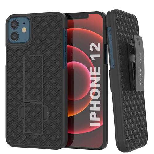 Punkcase iPhone 12 Case With Tempered Glass Screen Protector, Holster Belt Clip & Built-In Kickstand [Black] (Color in image: Black)