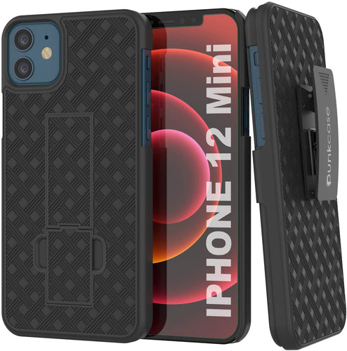 Punkcase iPhone 12 Mini Case With Tempered Glass Screen Protector, Holster Belt Clip & Built-In Kickstand [Black] (Color in image: Black)