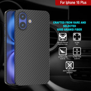 Coque en fibre de carbone Punkcase pour iPhone 16 Plus [Série AramidShield] Kevlar ultra fin et léger [Noir]