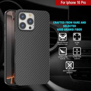 Coque en fibre de carbone Punkcase pour iPhone 16 Pro [Série AramidShield] Kevlar ultra fin et léger [Noir]