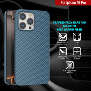 Coque en fibre de carbone Punkcase pour iPhone 16 Pro [Série AramidShield] Kevlar ultra fin et léger [Bleu]