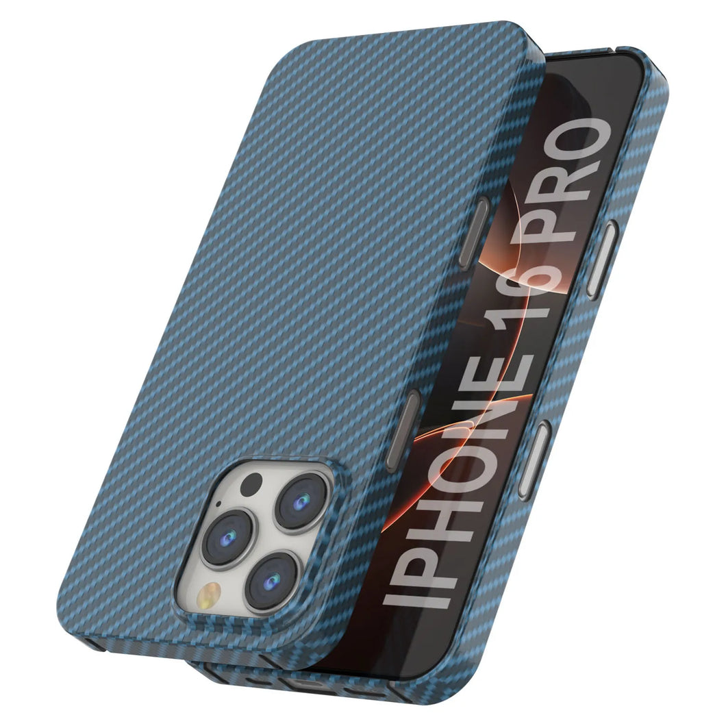 Coque en fibre de carbone Punkcase pour iPhone 16 Pro [Série AramidShield] Kevlar ultra fin et léger [Bleu]