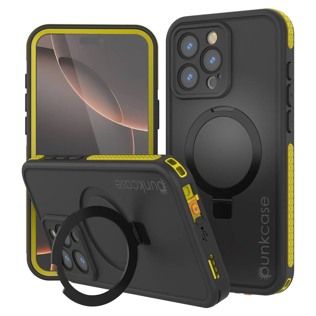 Coque étanche pour iPhone 16 Pro [Série Kickstud 2.0] Coque de protection IP68 avec protecteur d'écran et béquille (Jaune)