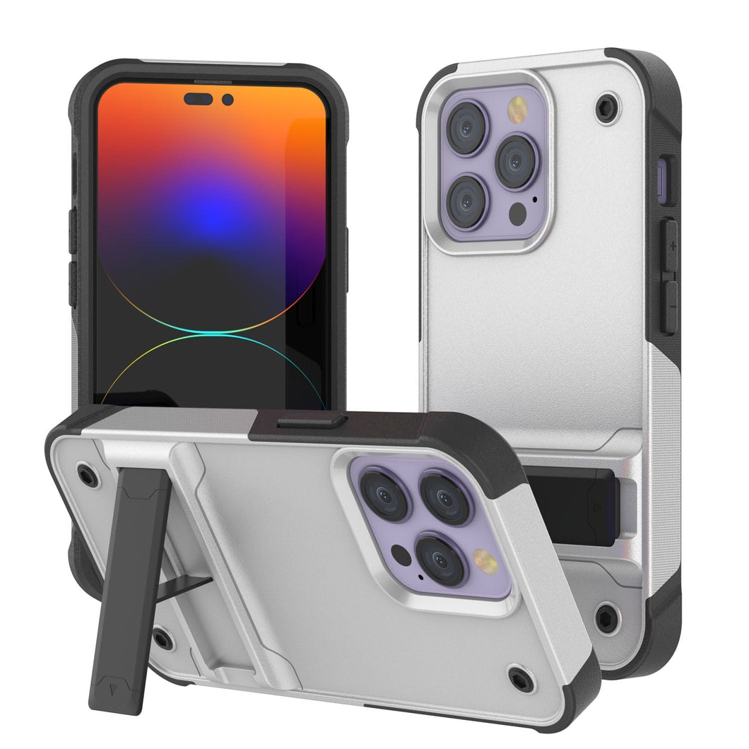 Étui Punkcase iPhone 14 Pro [Série Reliance] Coque de protection hybride de qualité militaire avec béquille intégrée [Blanc-Noir]