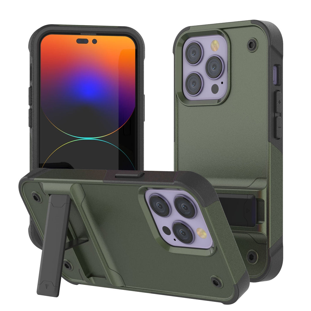 Coque Punkcase pour iPhone 14 Pro [Série Reliance] Coque de protection hybride de qualité militaire avec support intégré [Vert-armée-noir]