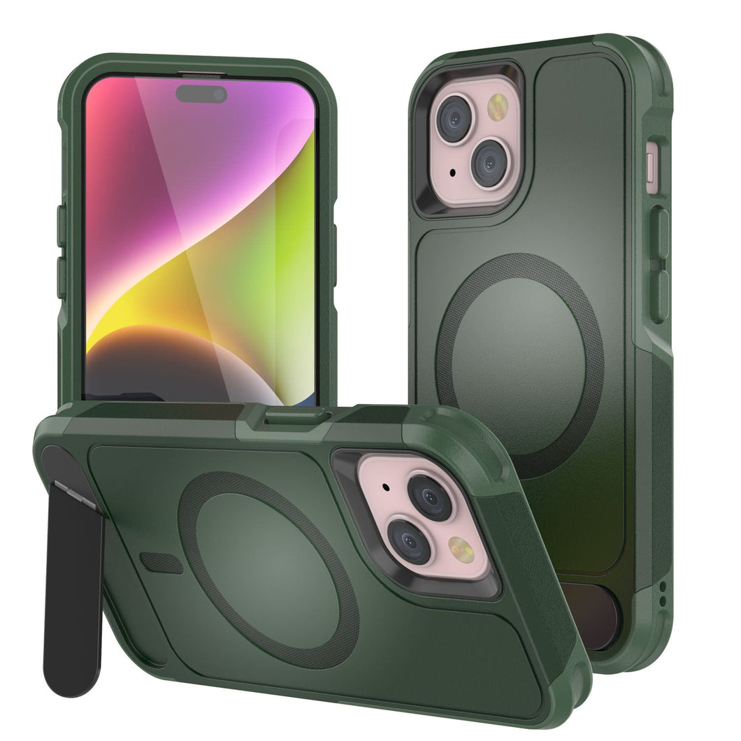 PunkCase Coque pour iPhone 14 [Série Spartan X] Coque robuste avec béquille + MagRing [vert foncé]