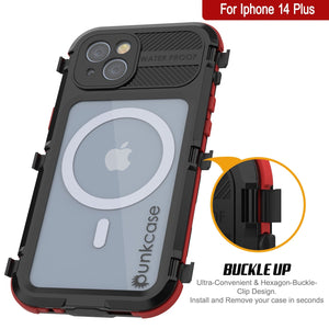 Coque étanche en aluminium de la série Metal Extreme 2.0 pour iPhone 14 Plus avec Protecteur d'écran intégré IP68 [Noir-Rouge]