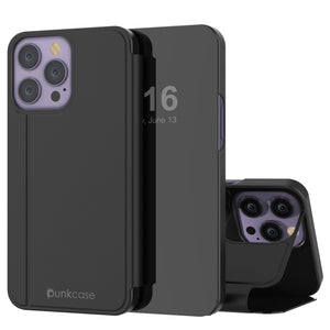Punkcase iPhone 14 Pro Max Coque réfléchissante Housse de protection à rabat [Noire]
