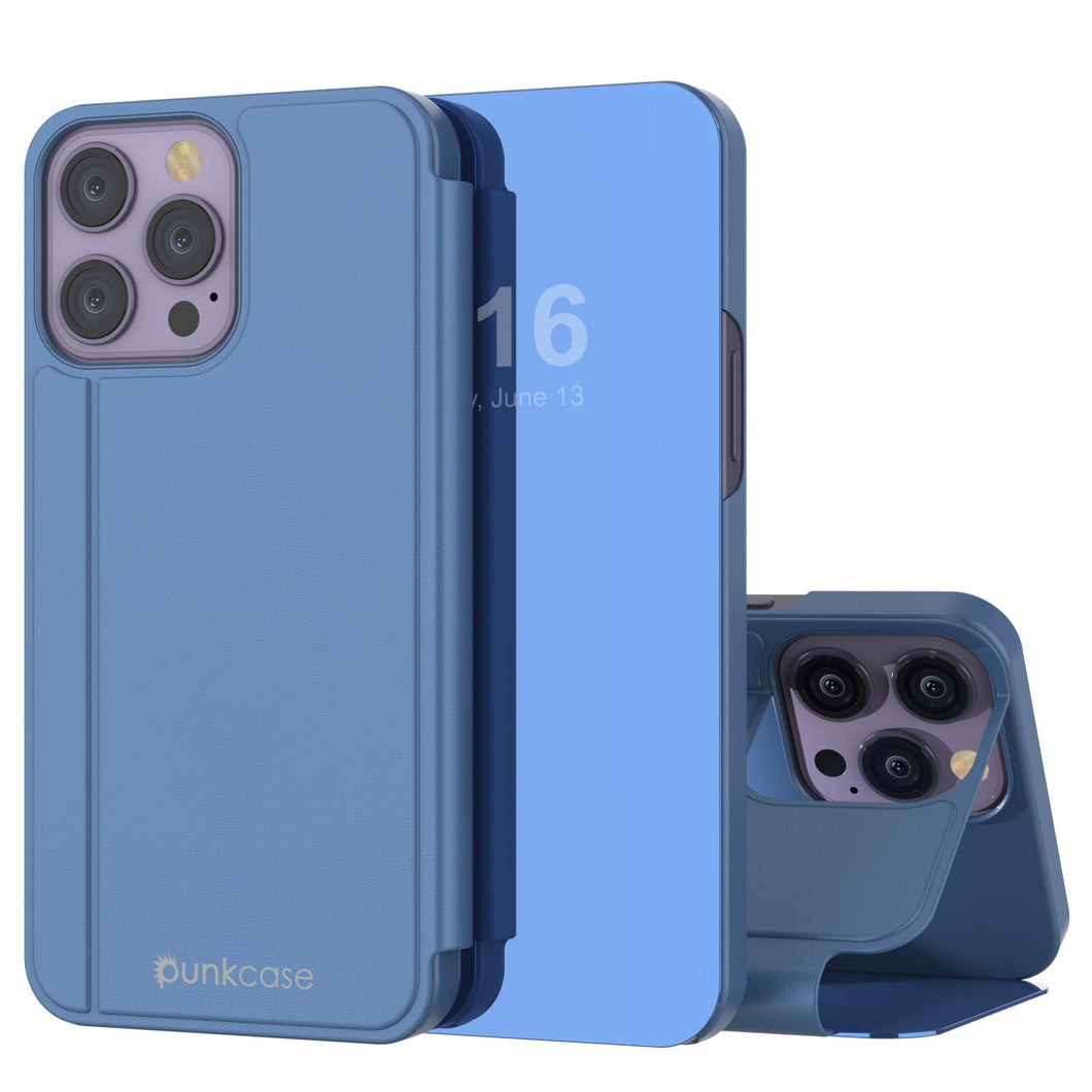 Punkcase Coque Réflectrice pour iPhone 14 Pro Max, Étui de Protection à Rabat [Bleu]