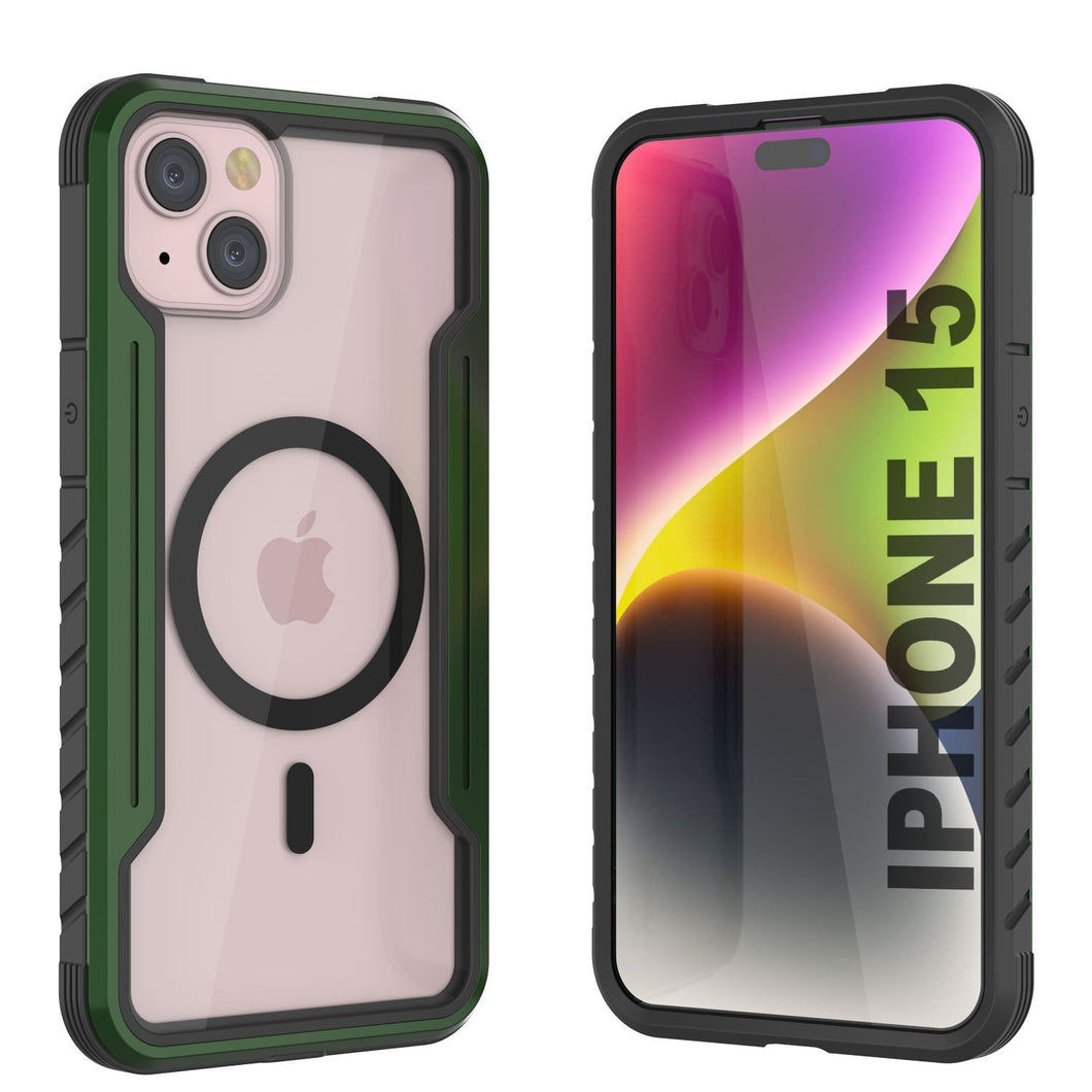 Étui de protection militaire Punkcase iPhone 15 Armor Stealth MAG Defense, à plusieurs couches, couleur vert foncé.