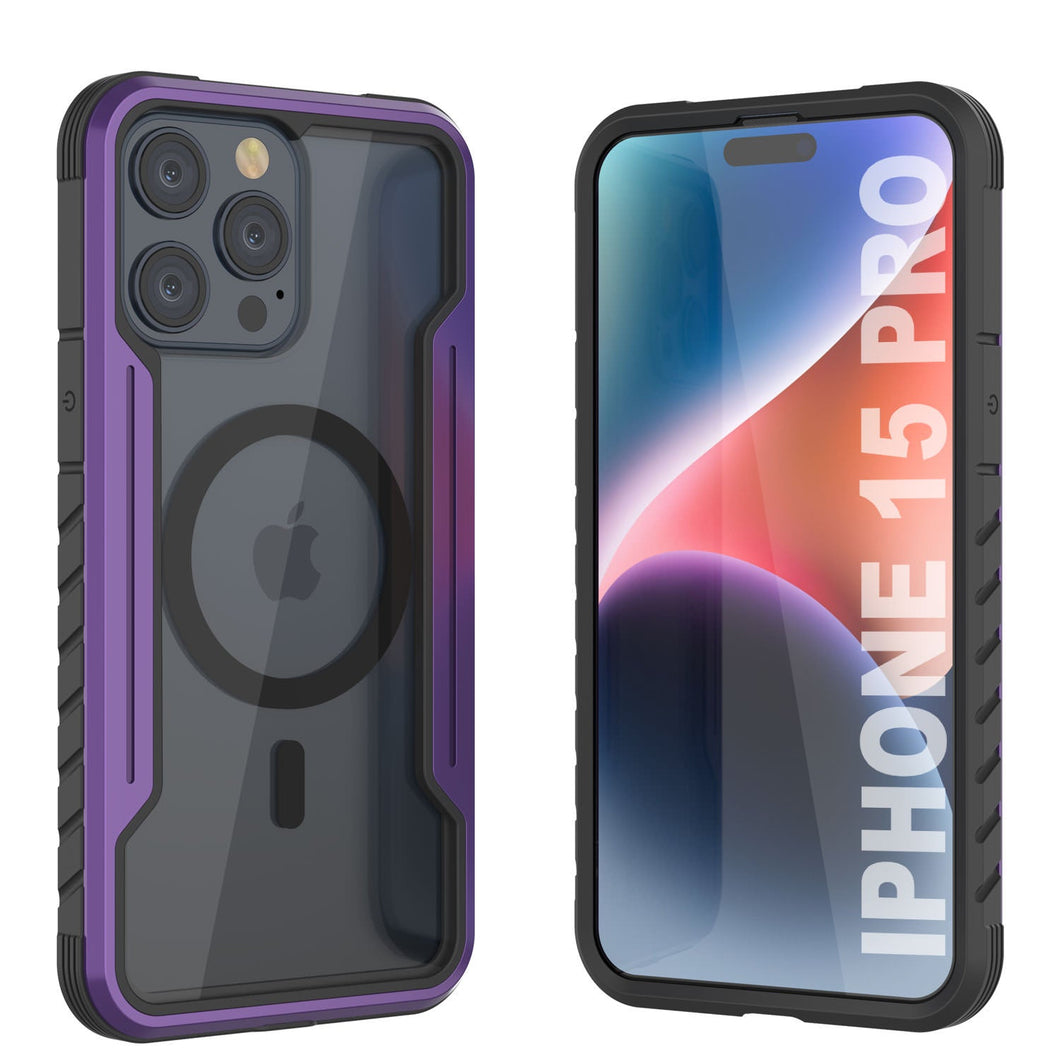 Coque de protection militaire Punkcase iPhone 15 Pro Armor Stealth MAG, avec plusieurs couches de protection, couleur violette.