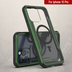 Coque de protection Punkcase iPhone 15 Pro Armor Stealth MAG Defense, résistance de qualité militaire avec plusieurs couches, couleur vert foncé.