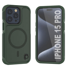 Load image into Gallery viewer, Coque PunkCase pour iPhone 15 Pro, série Spartan 2.0, Coque Robuste Transparente avec Protecteur d&#39;écran intégré [vert foncé]
