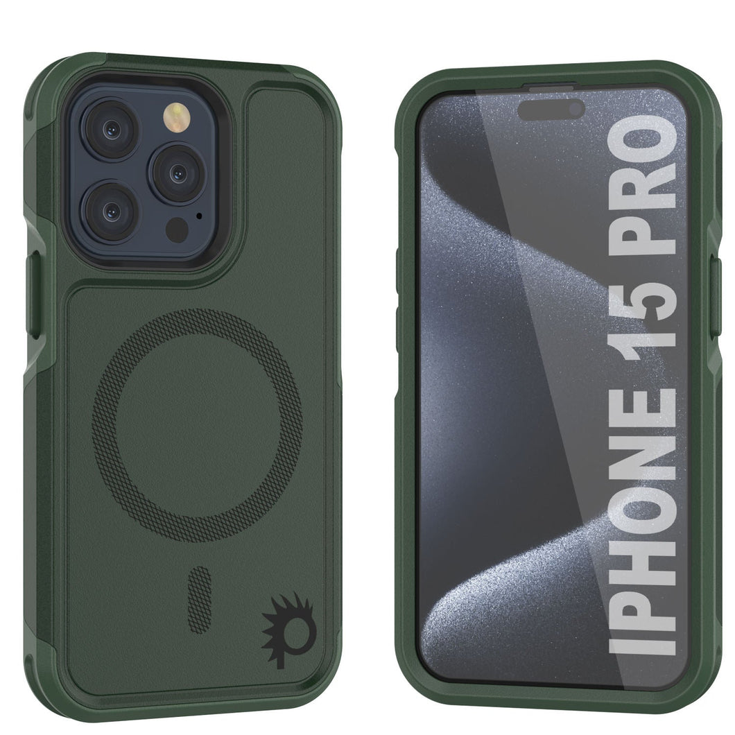 Coque PunkCase pour iPhone 15 Pro, série Spartan 2.0, Coque Robuste Transparente avec Protecteur d'écran intégré [vert foncé]