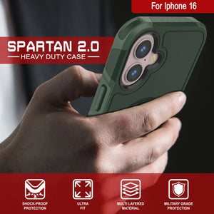 Coque PunkCase pour iPhone 16, [Série Spartan 2.0] Coque robuste et transparente avec protecteur d'écran intégré [vert foncé]