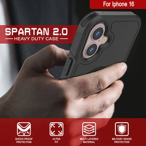 Coque PunkCase pour iPhone 16, [Série Spartan 2.0] Coque robuste et transparente avec protecteur d'écran intégré [Noir]