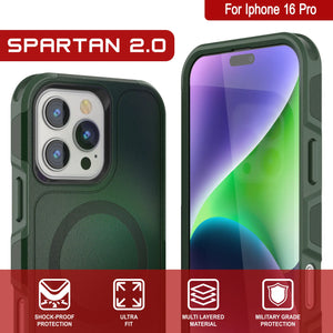 Coque PunkCase pour iPhone 16 Pro, [Série Spartan 2.0] Coque robuste et transparente avec protecteur d'écran intégré [vert foncé]